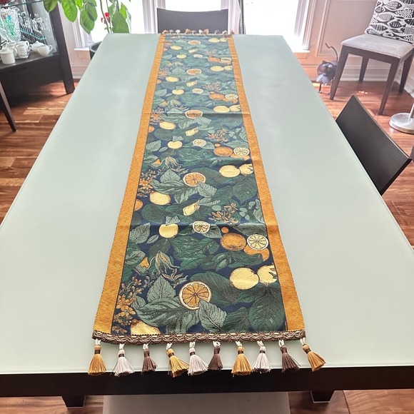 Lemon Print Table Buffet Runner Tassels Fruit Botanical Decor 13x72"‎ Navy Base - Picture 1 of 3